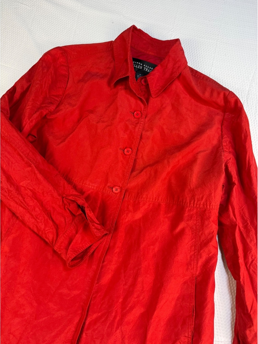 Linda Allard Ellen Tracy 100% Silk Red Long Coat Womens 14 Vintage Minimalist